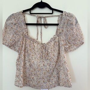 Lush Floral Puff Sleeve Tie-Back Blouse